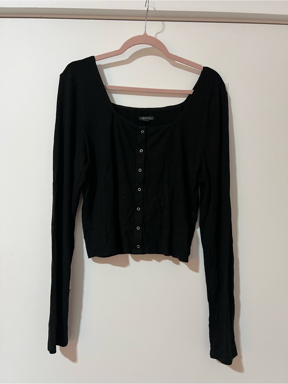 Wild Fable Black Ribbed Button Front Cropped Long Sleeve Top Large